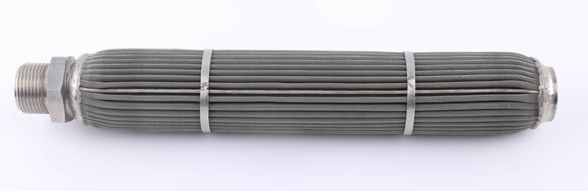 A pleated sintered filter with two tightening rings lying on the white background.